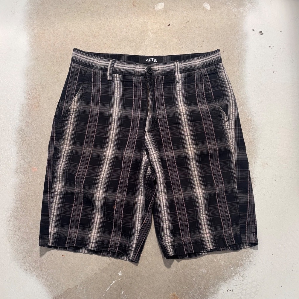 Apt. 9 Mens Plaid Shorts Black White Purple Checkered Flat Front Cotton Size 30